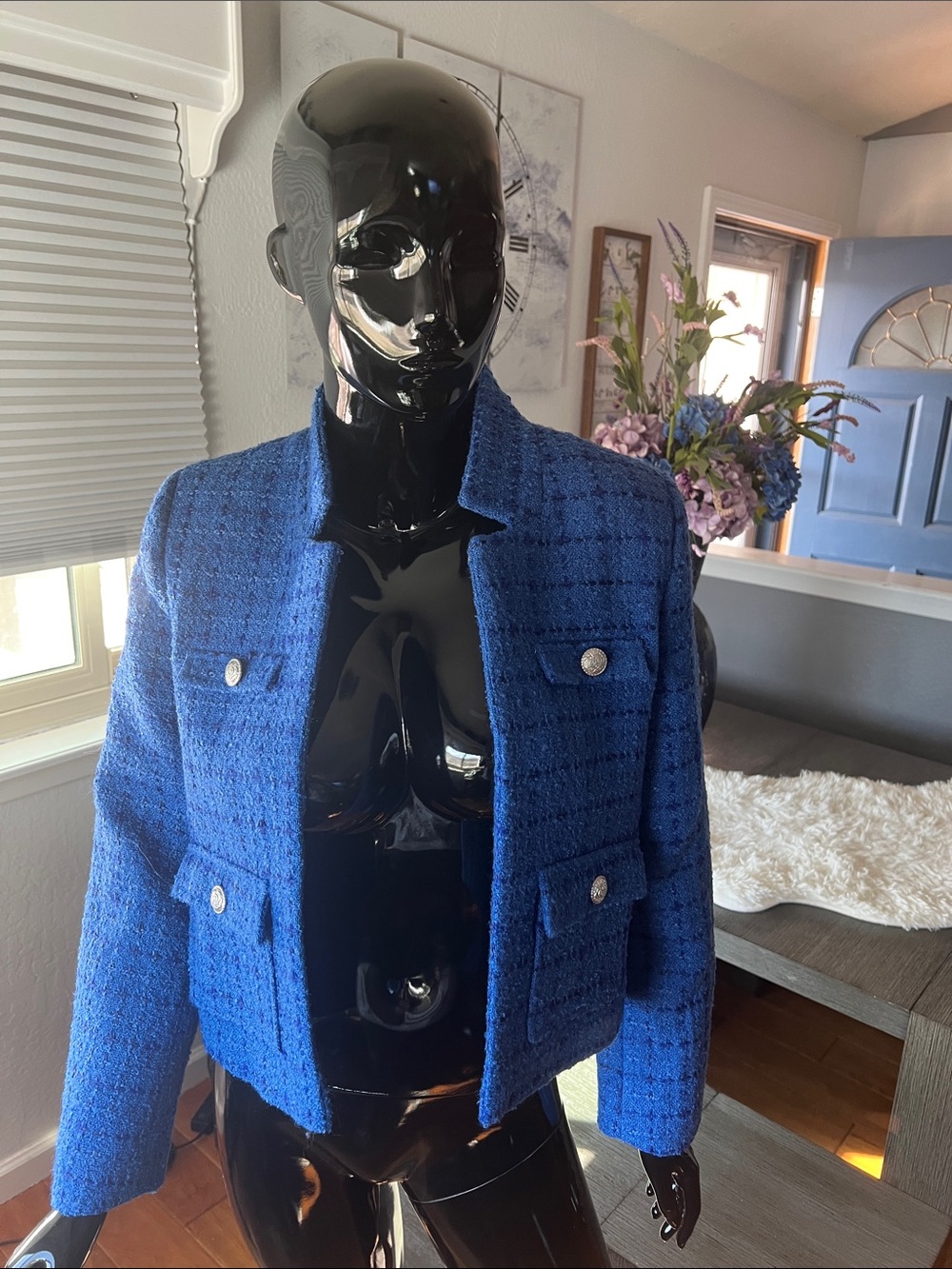 💙 NWT Charlie Paige Blue Tweed Boucle Cropped Jacket Blazer